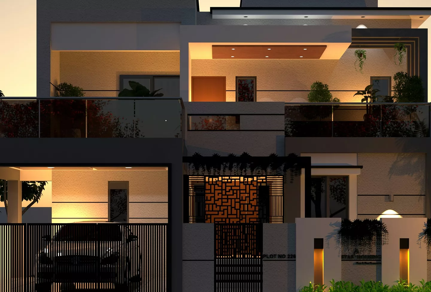 Nighttime rendering of a modern two-story home with warm interior lighting, balconies, and a decorative gate.